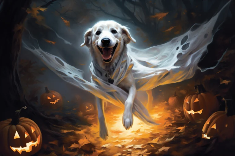 Halloween theme: dog in ghost costume with pumpkins on dark background.Generative Ai