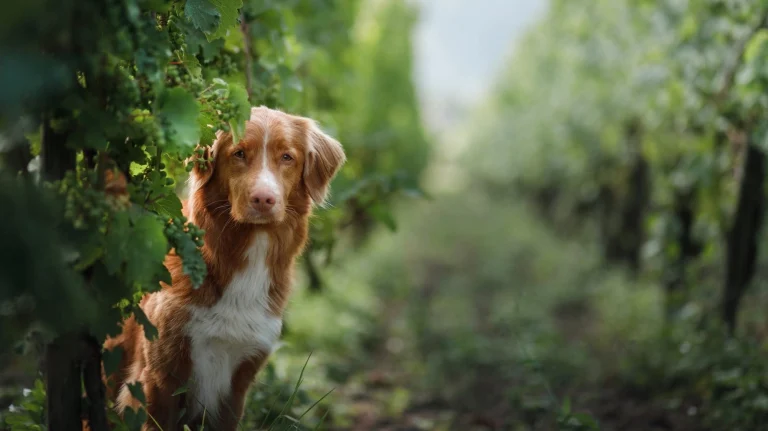 dog in a vineyard in nature. A pet in the summer, a toller. Nova Scotia Duck Tolling Retriever