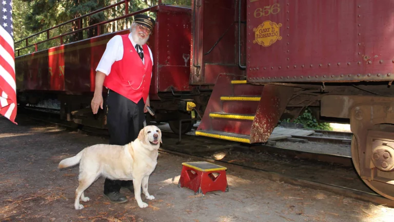 Kayla boarding the Skunk Train.