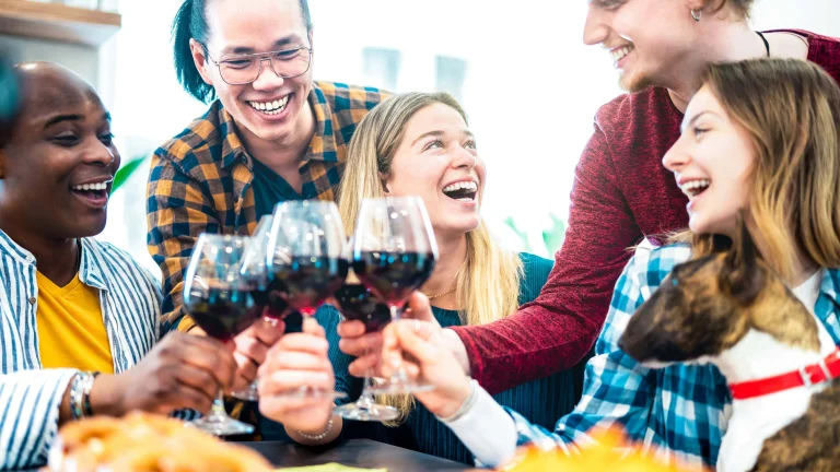 Young people toasting red wine on dinner party mood - Multiracia