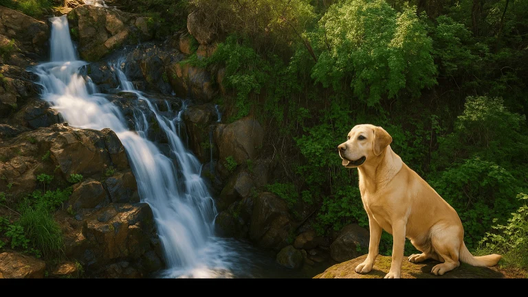 Beautiful yellow dog at Hidden Falls.